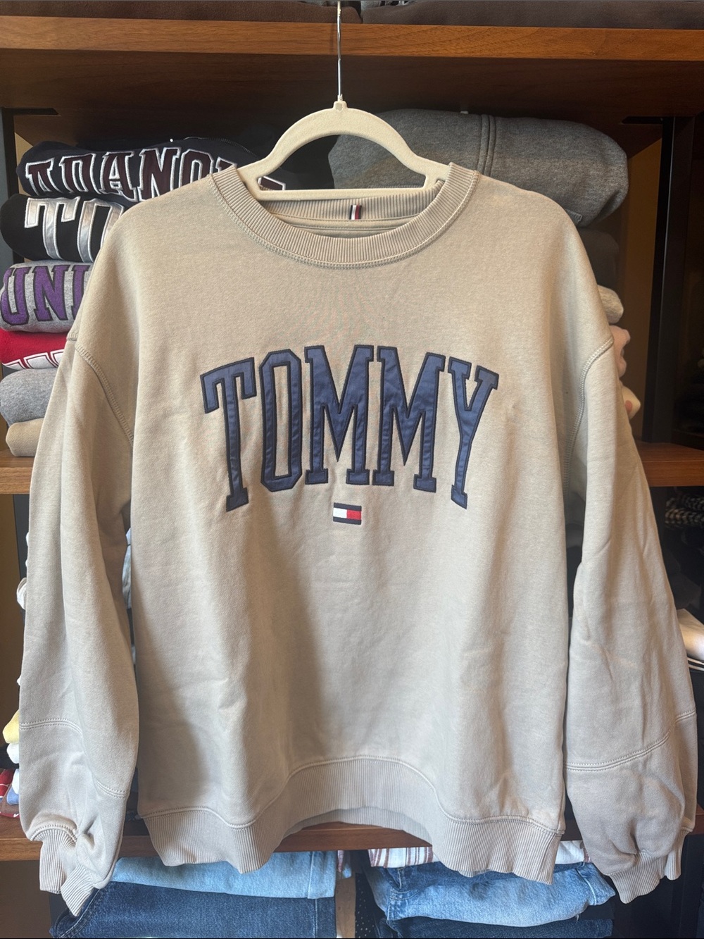 Tommy Hilfiger Beige Crewneck Sweatshirt with Navy 'TOMMY' Logo